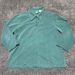 WEK Womens Vintage Button‎ Up Shirt Size Large Green Cotton Long Sleeve Collared
